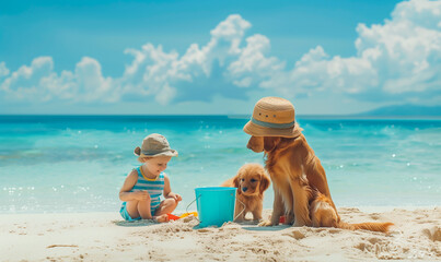 Wall Mural - Joyful Toddler Enjoying Beach Play with Dog in Hat and Bucket