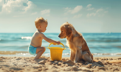 Wall Mural - Playful Toddler and Dog Enjoying Beach with Bucket