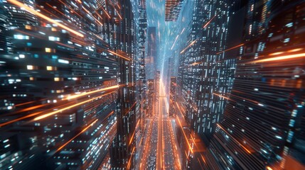 Aufkleber - 3D Rendering of warp speed in hyper loop with blur light from buildings' lights in mega city at night. Concept of next generation technology, fin tech, big data, 5g fast network, machine learning