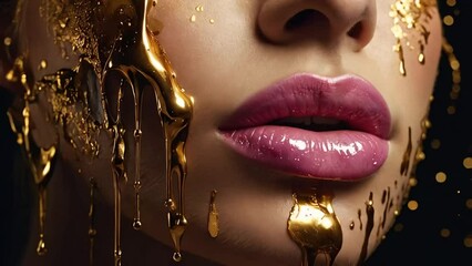 Sticker - Beautiful girl, lips, gold paint flows down