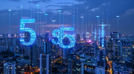 Fototapete - 5G network wireless systems and internet of things with modern city skyline