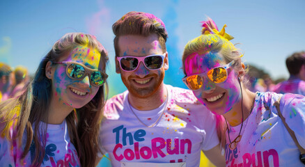 Canvas Print - A group of friends wearing white t-shirts and sunglasses smiles for the camera while at an outdoor color run event, their faces painted with vibrant colors 