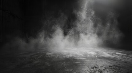 Aufkleber - Abstract image of dark room concrete floor. Black room or stage background for product placement.Panoramic view of the abstract fog. White cloudiness, mist or smog moves on black background.