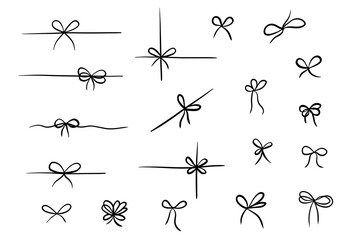 Wall Mural - Gift bow for vintage present doodle icons set. Ribbon with knot, vector line drawing. Outline minimal tie hand drawn sketch isolated on white