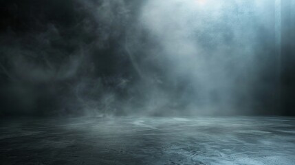 Abstract image of dark room concrete floor. Black room or stage background for product placement.Panoramic view of the abstract fog. White cloudiness, mist or smog moves on black background.