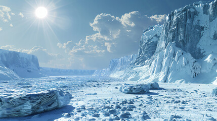 Aufkleber - Panoramic view of a snow-covered tundra with towering ice cliffs under a clear blue sky