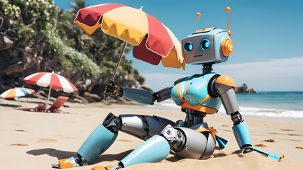 Wall Mural - Robot wearing bikini on the beach Generative AI