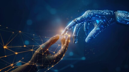 Leinwandbilder - AI, Machine learning, Hands of robot and human touching on big data network connection, Data exchange, deep learning, Science and artificial intelligence technology, innovation of futuristic.
