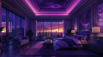 Wall Mural - illustration of luxury penthouse bedroom at night 