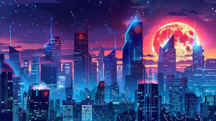Poster - Arel view of City Landscape with internet and technology icon concept background