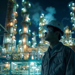 Fototapete - Asian engineer smart city industry background, sustainable power saving energy management smart factory technology,