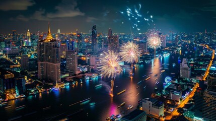 bangkok, thailand - 2020, october 31 : night scene of the fireworks with view of bangkok, thailand.