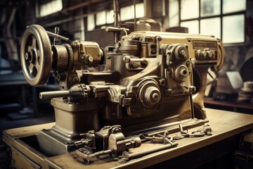 Close-up shot of retro 1980s lathe machine working in industrial manufacturing workshop
