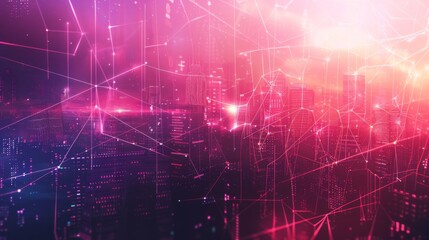 Fototapete - Big data connection technology. Cityscape telecommunication and communication network concept.