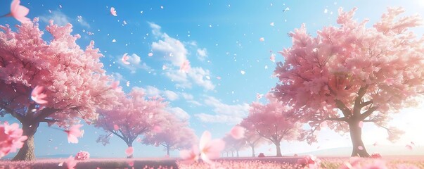 Wall Mural - a serene landscape featuring a variety of trees and flowers under a clear blue sky with white clouds