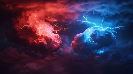 Poster - Dramatic thunderclouds and vibrant lightning strikes showcase nature's power in the evening sky