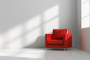 red chair with white room, A striking red chair placed in the center of a minimalist white room, creating a bold contrast