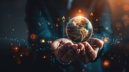 Poster - Business development to success and growth of banking and financial on global network. Businessman hold pointing arrow up and graph corporate future growth plan on network structure of business.