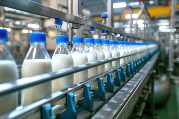 A selective focus shot of complete milk bottling line in a factory