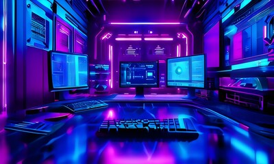 Room with neon lights. Game Zone. Interior for computer games, game sports and stream. Abstract neon background in the interior. Night view of the room, white table, neon light. Blue and pink neon.