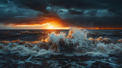 Nature's drama: a stunning sunset illuminates turbulent ocean waves with golden light