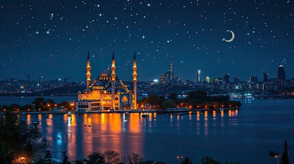 Poster - suleymaniye mosque with a crescent above it night sky.stock image