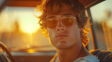 Poster - young guy driving a car on a clear day.stock illustration