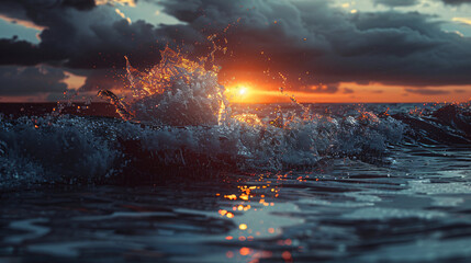 Poster - Vibrant sunset backdrop with dynamic ocean waves splashing in vivid colors