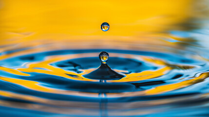 Fototapete - Close-up of a single water drop creating a ripple on a colorful, reflected surface