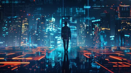 Aufkleber - Business technology concept, Professional business man walking on future Pattaya city background and futuristic interface graphic at night, Cyberpunk color style