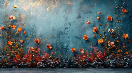 Poster - background wall with gold accents watercolor paint forest flowers plants and leaves.stock image