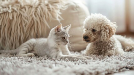 A gray tabby cat and a white poodle lay on a fluffy white rug, looking at each other.