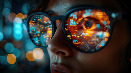 Poster - data analytics digital technology and night overlay programmer or it person in glasses on screen programming and cybersecurity research.stock image