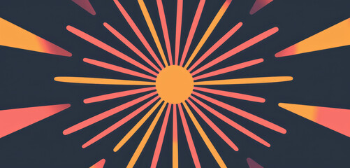 Sticker - Abstract sunburst design with vibrant orange, pink, and yellow rays on a dark background, creating a striking and dynamic visual.