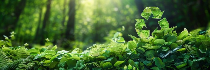 A lush green forest with a recycling symbol made of leaves in the foreground, symbolizing the importance of recycling for environmental health