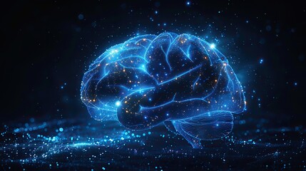 Poster - a blue abstract brain with a wireframe light connection structure brain anatomy a diagram of parts of the brain low poly style design geometric background modern graphic concept.image illustration