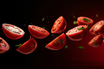 Wall Mural - sliced tomatoes and other vegetables on a black background