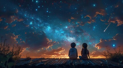 Poster - in this cute scene two children sit together on the roof watching the stars the boy and girl make a 
