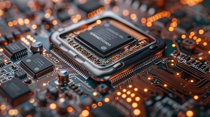 Fototapete - electronic chip and cpu of mobile phones phone repair and maintenance banner disassembled components processor of a cellphone inside its case concept for technological development.stock image