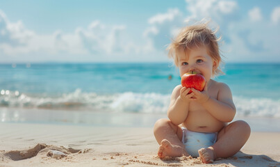 Wall Mural - Toddler Enjoys Red Apple on Sandy Beach by Blue Water