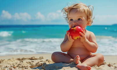 Wall Mural - Toddler Having Fun with Red Apple on Scenic Beach Day