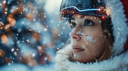 Poster - christmas shopping with a cyborg woman wearing a santa claus hat online chat bot gives gifts for christmas or new year to customers.stock illustration