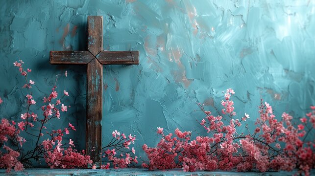 religion background with a wooden cross and spring flowers against a blue background christianity feast easter palm sunday chrismnaing or church wedding.image illustration