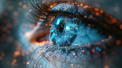 Fototapete - low poly wireframe technology eye futuristic concept mesh eye spheres from flying debris thin line c