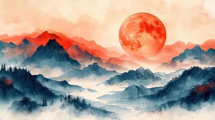 Wall Mural - minimalistic mountain landscape with watercolor brush in japanese traditional style wallpaper with abstract art for prints or covers artwork.illustration