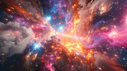 Fototapete - Dynamic and colorful depiction of a cosmic explosion among stars and planets
