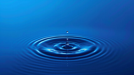 Poster - Serene image of a solitary water droplet causing ripples on a calm blue surface