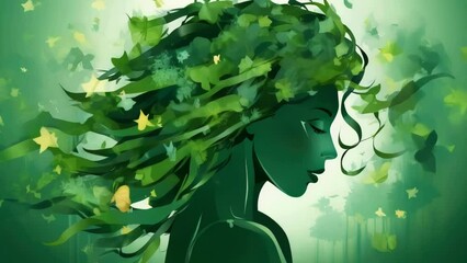 Sticker - A woman with green leaves and butterflies in her hair, natural beauty.