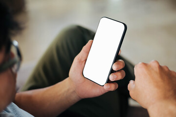 Wall Mural - cell phone blank white screen mockup.hand holding texting using mobile on desk at office.background empty space for advertise.work people contact marketing business,technology