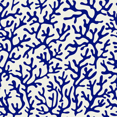 Wall Mural - Coral seamless pattern background in vintage style in blue colors. Matisse-inspired modern abstract organic algae background. Vector design for textile, wrapping paper, greeting cards.